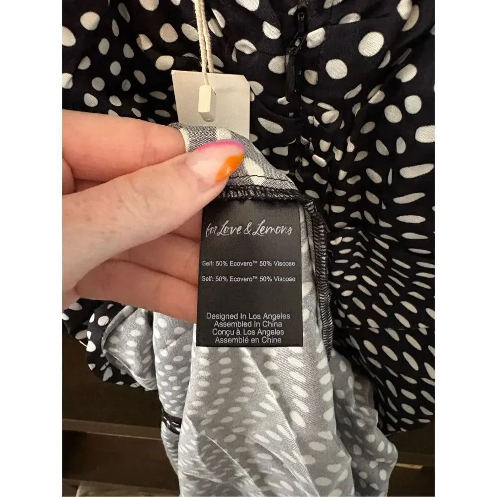 NWT For Love & Lemons Beth Black & White Polka Dot Midi Dress Size Small